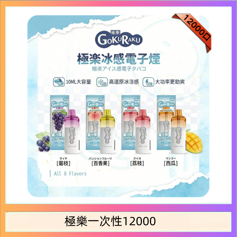 極樂一次性12000 【8種口味】極楽 12000口一次性電子煙|超大容量 |口感絲滑|新品